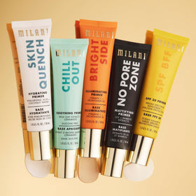 Milani primer on vanity with makeup showing daily protection and priming benefit