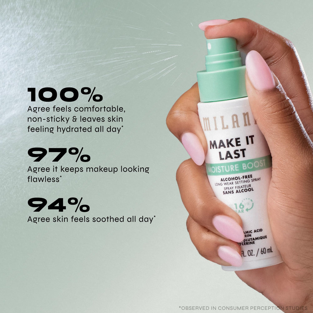 Milani splash detail illustrating hydrating formula locking in moisture