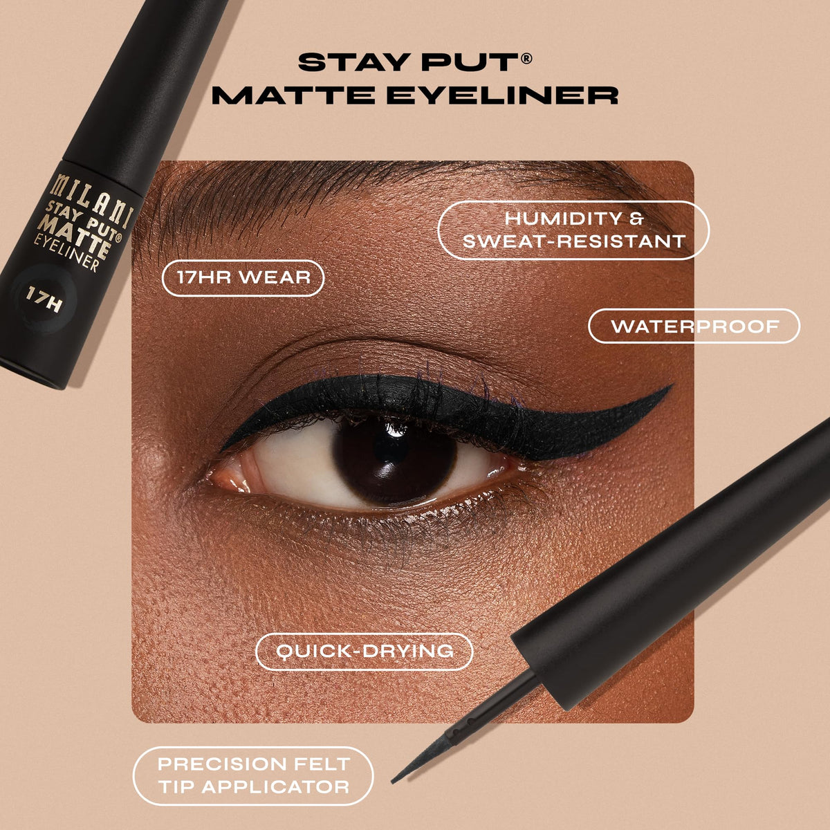 Milani Stay Put closeup of felt applicator tip demonstrating precise control for clean lines
