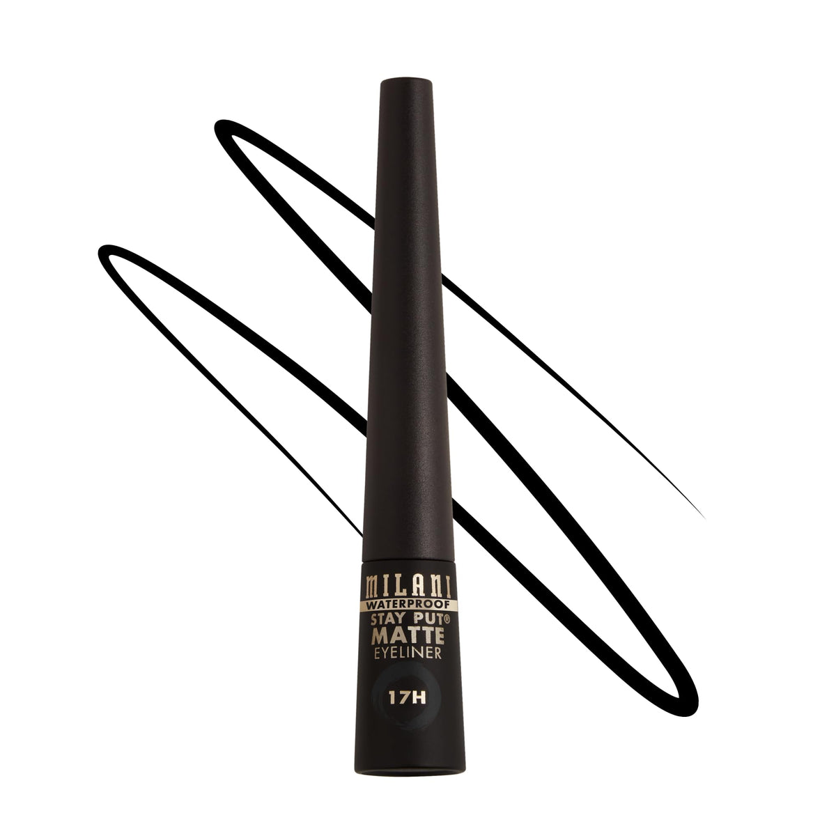 Milani Stay Put matte liquid eyeliner front view showing sleek black pen and cap helps precise application
