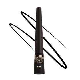 Milani Stay Put matte liquid eyeliner front view showing sleek black pen and cap helps precise application