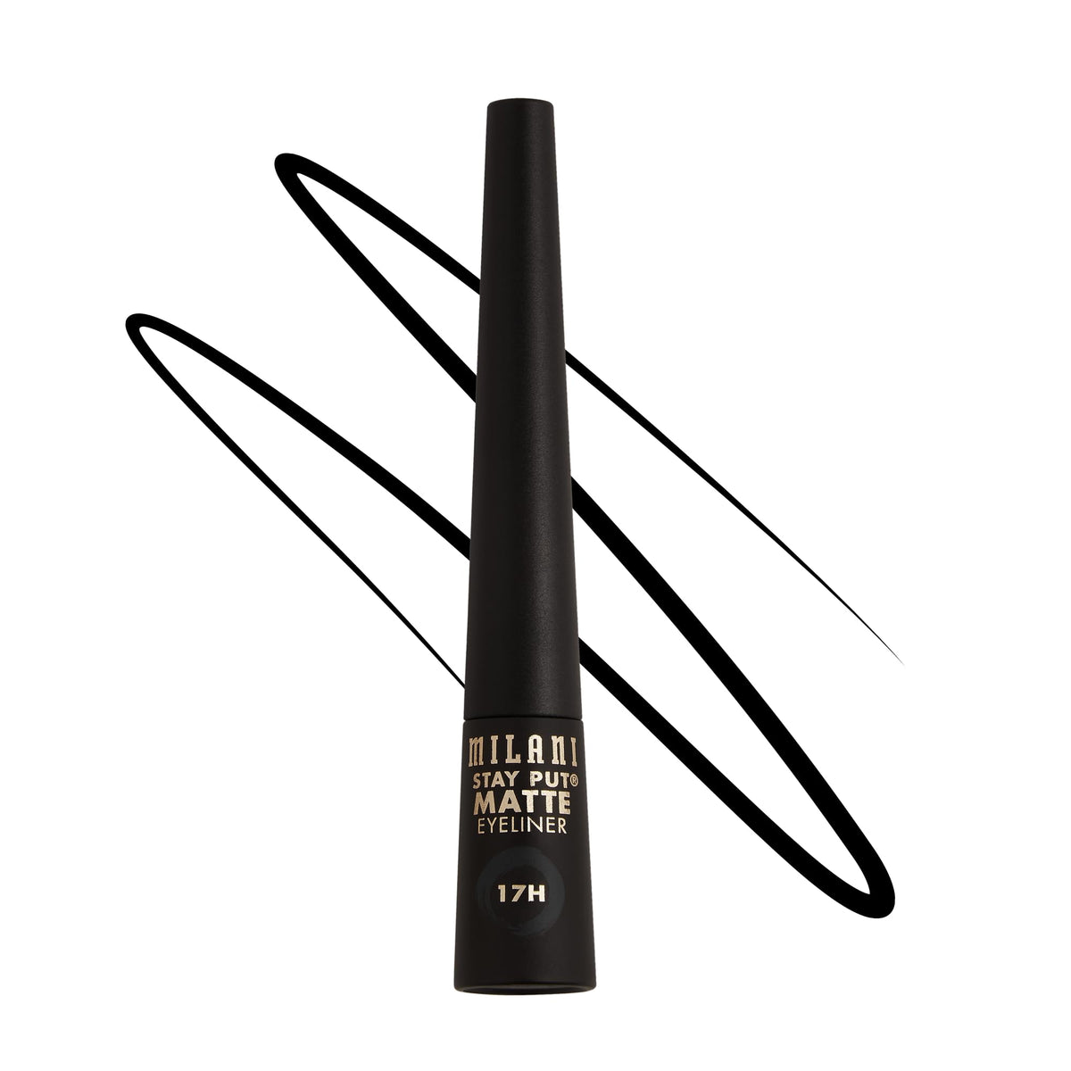 Milani front packaging of Stay Put Matte Liquid Liner showing product name and matte black tube benefit long-lasting wear