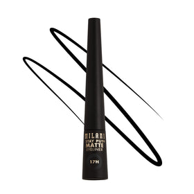 Milani front packaging of Stay Put Matte Liquid Liner showing product name and matte black tube benefit long-lasting wear