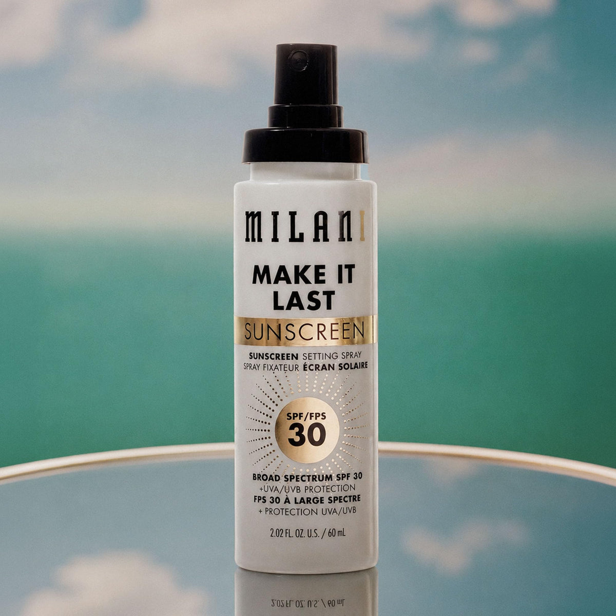 Milani setting spray in outdoor scene offering sun protection while on-the-go