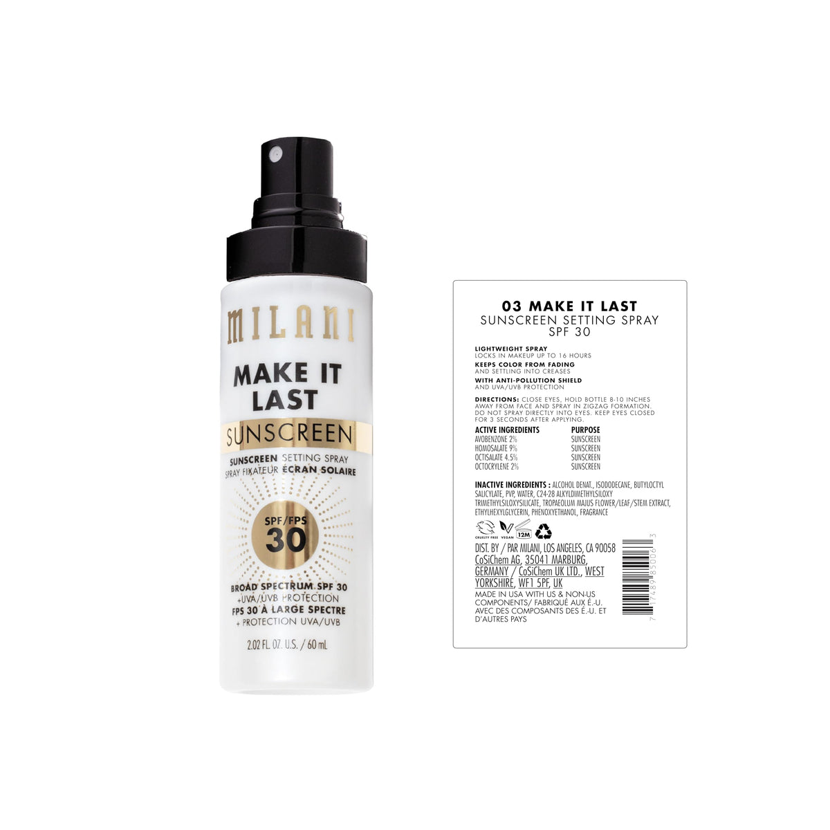 Milani label close-up highlighting SPF 30 and broad-spectrum protection advantage