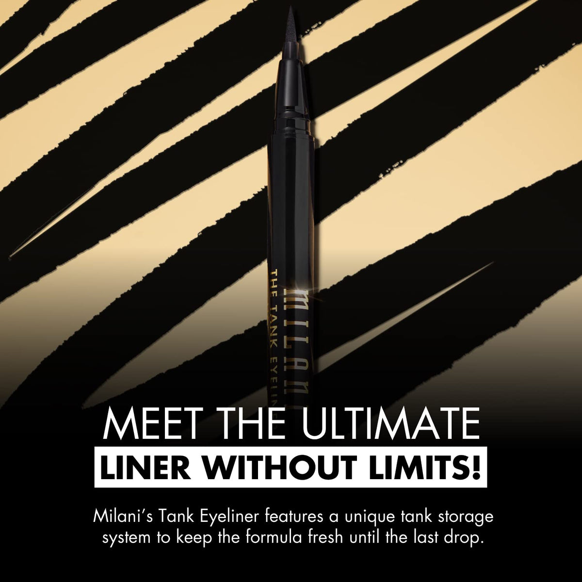 Milani swatch on skin showcasing intense black pigment and smooth, continuous stroke