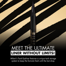 Milani swatch on skin showcasing intense black pigment and smooth, continuous stroke