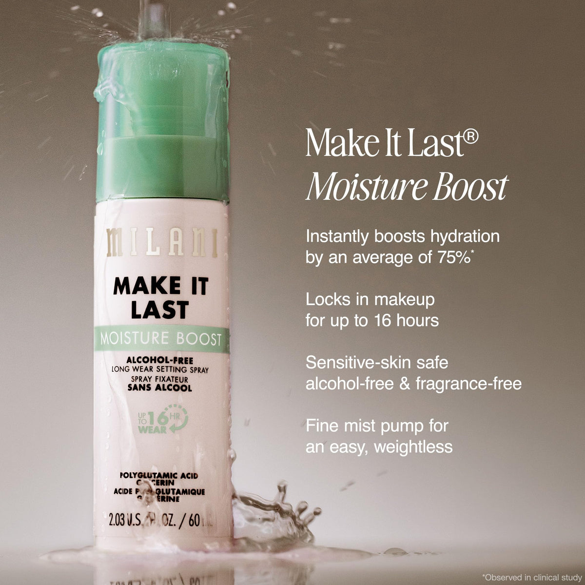 Milani product misting fine spray texture for lightweight hydration benefit