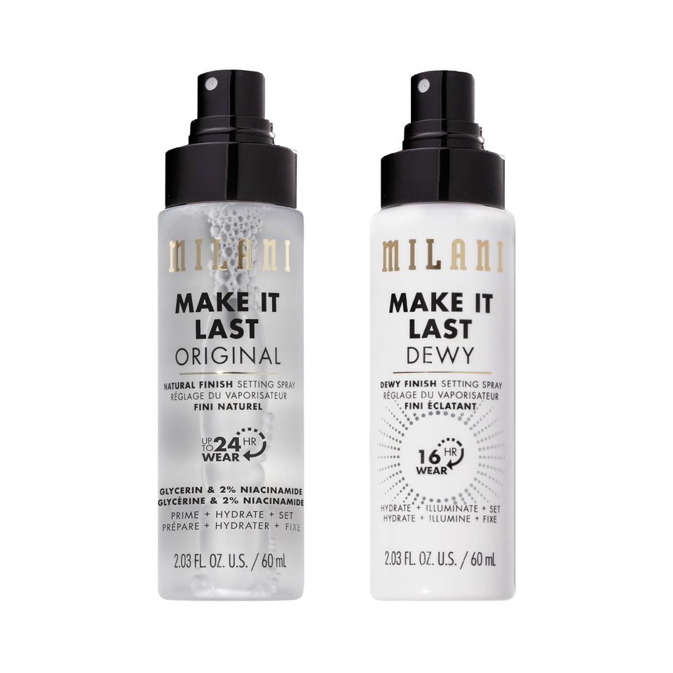 Milani two-pack front view showing both natural and dewy sprays for versatile finish