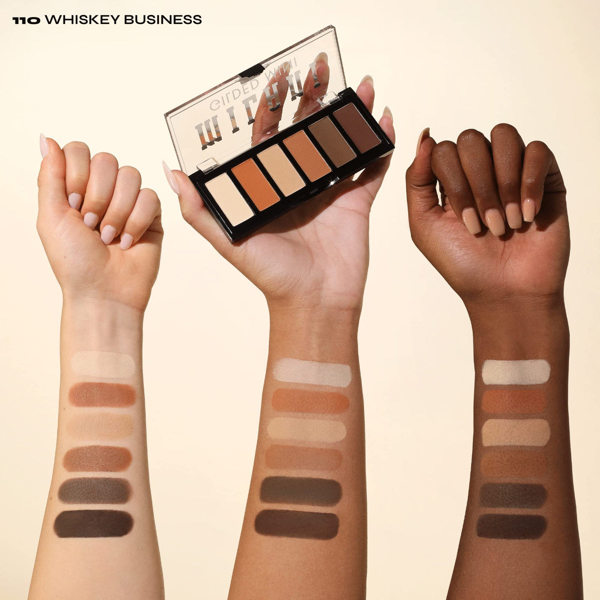 Milani swatches on arm showing payoff and contrast for shade selection