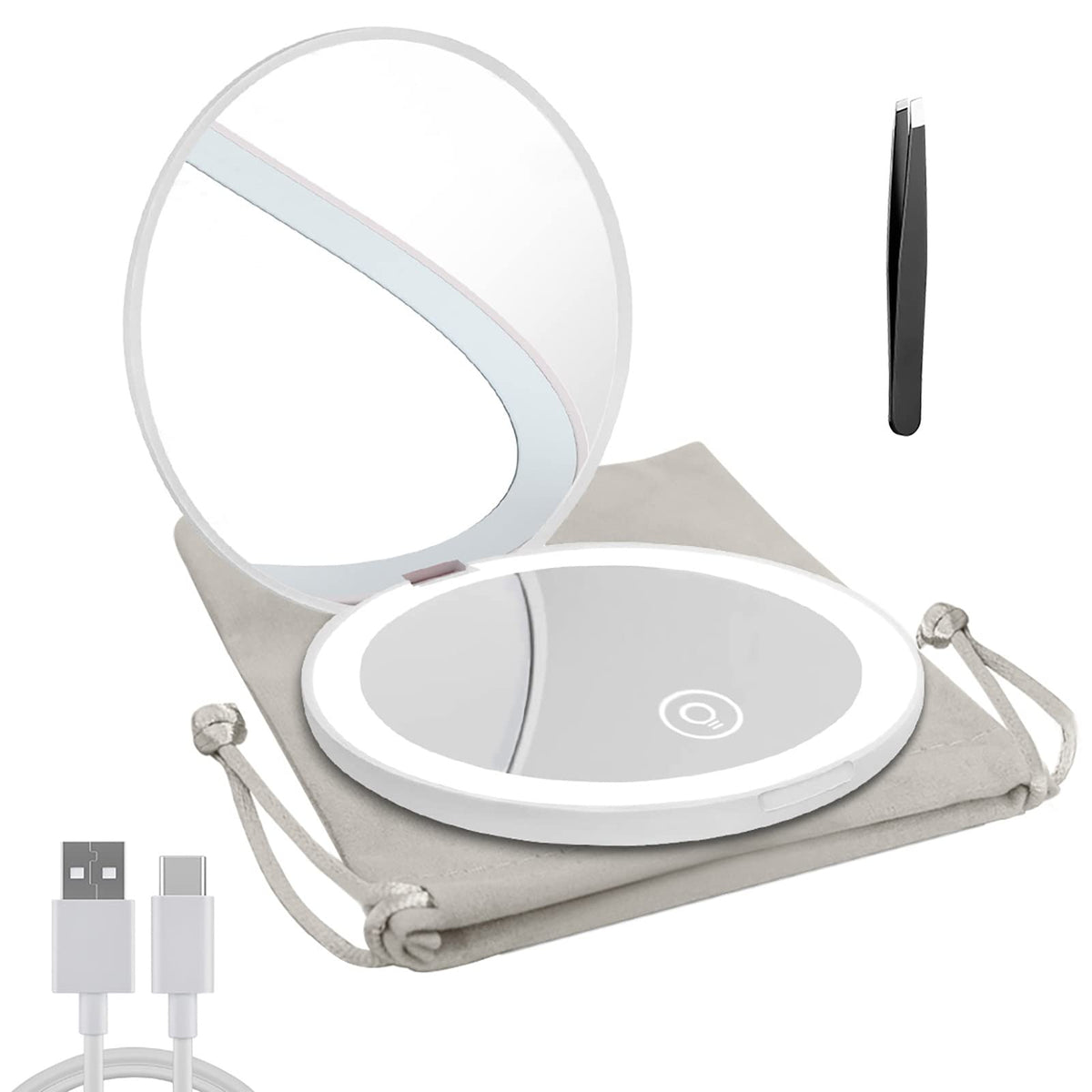 Milishow compact mirror front view showing LED ring and sleek case for accurate makeup