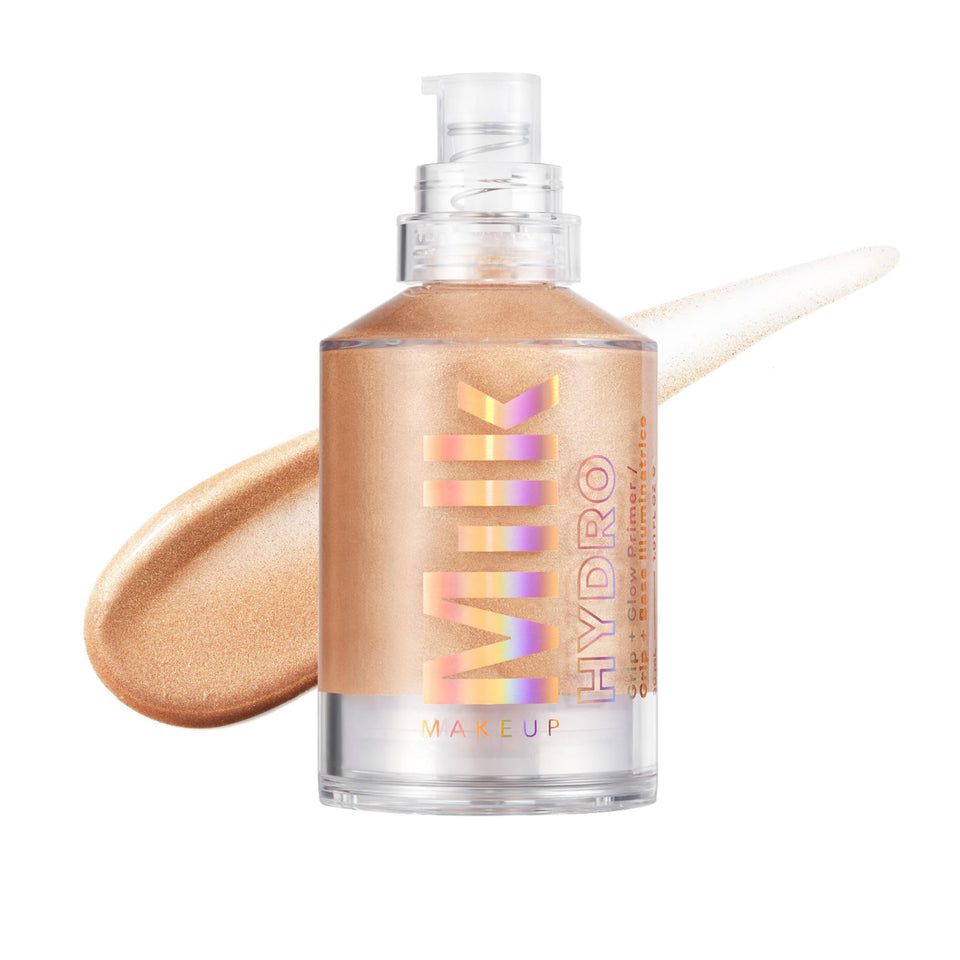 Milk Makeup Hydro Grip + Glow front packaging showing the bottle and label, highlights product identity and convenience