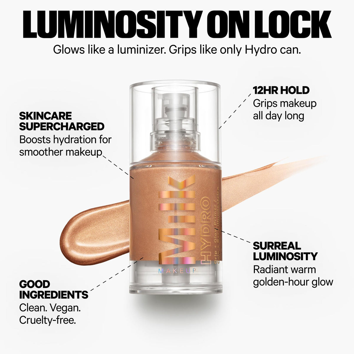 Milk Makeup pump dispensing primer onto fingertip, demonstrating easy one-to-two pump usage and dose control