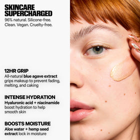 Milk Makeup primer swatched on forearm showing radiant golden sheen and how it blends into skin tone