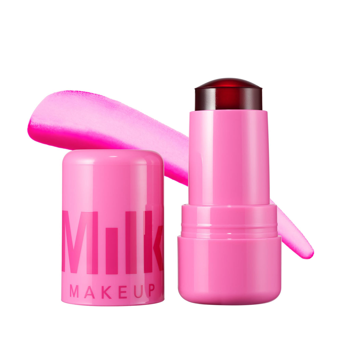 Milk Makeup front packaging showing Burst poppy pink and compact design benefit