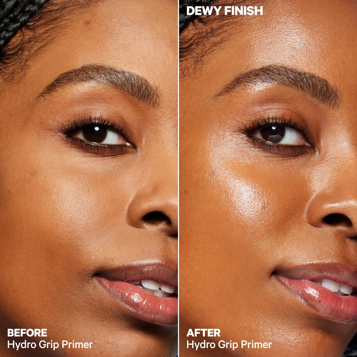 Milk Makeup primer before and after split-face showing improved makeup adherence
