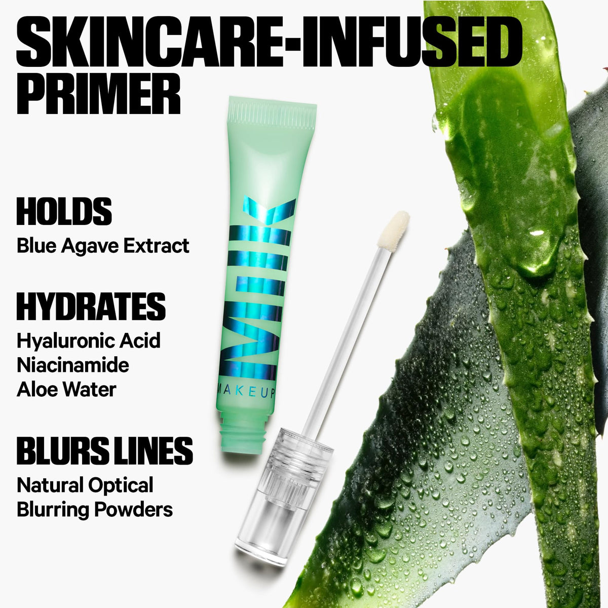 Milk Makeup ingredient label close-up displaying hyaluronic acid and blue agave benefits