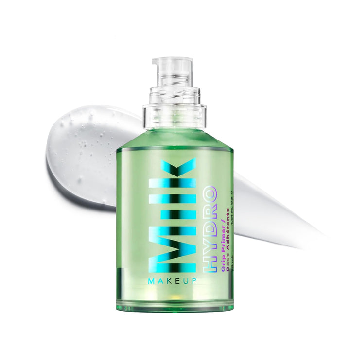 Milk Makeup front packaging showing Hydro Grip primer and clear glossy tube benefit: clear base