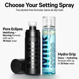 Milk Makeup bottle inside a cosmetic bag outdoors, convenient on-the-go hydration