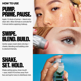 Milk Makeup Hydro Grip Set + Refresh Spray misting over face for long‑lasting hydration