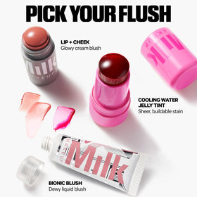 Blended cheek and lip duo with Milk Makeup lip + cheek stick shows seamless monochromatic look