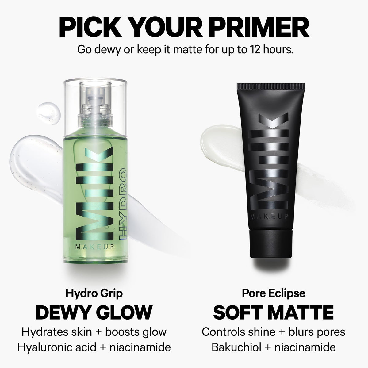 Milk Makeup primer beside a ruler and 0.68 oz label showing compact travel-ready benefit