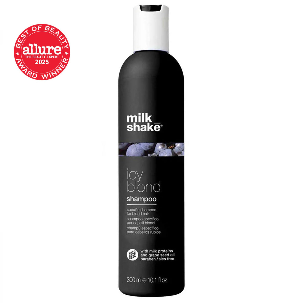 milk_shake label detail highlighting black pigment and sulfate-free benefits