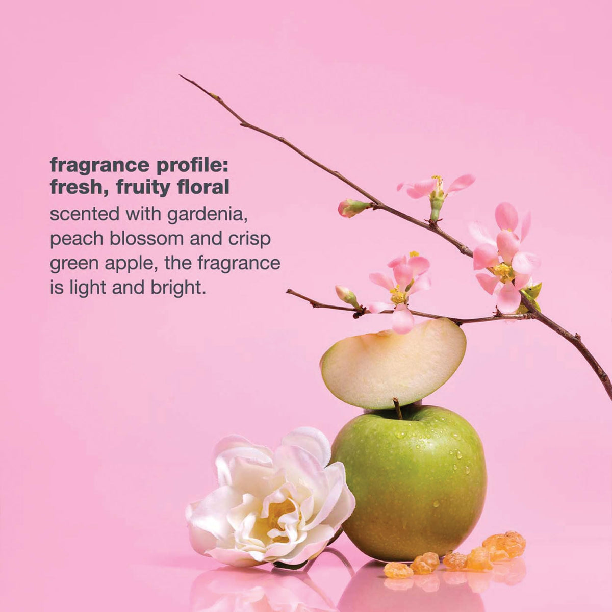 milk_shake bottle staged with flowers highlighting fragrance benefit