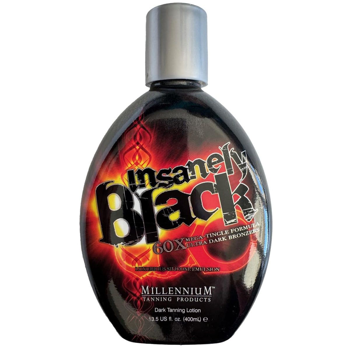 Millennium Tanning bottle front view showing branding and dark bronzer benefit