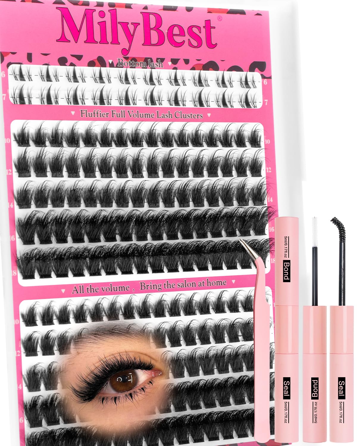 MilyBest front packaging showing complete lash clusters kit and contents benefit clarity
