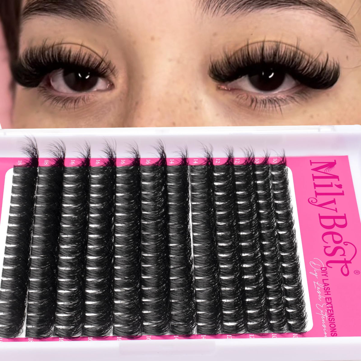 MilyBest finished lashes on model demonstrating lifted volumized look