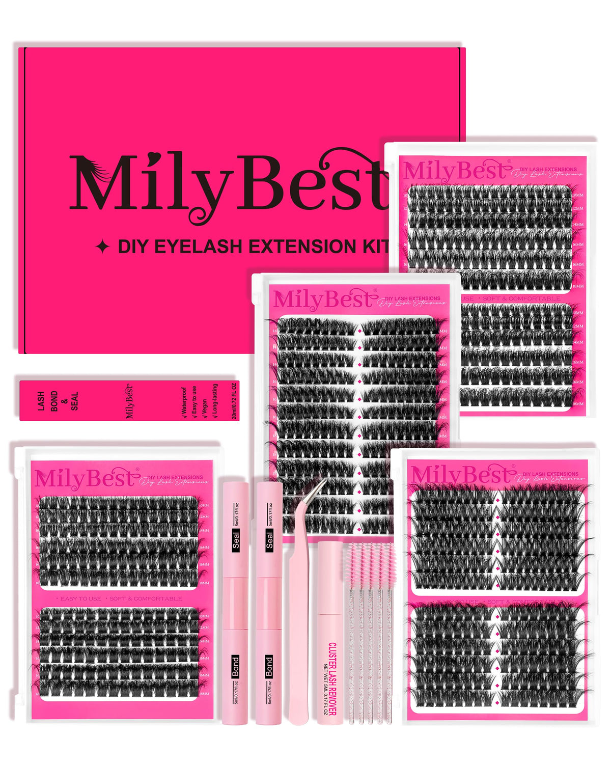 MilyBest front packaging showing complete lash cluster kit for at-home use