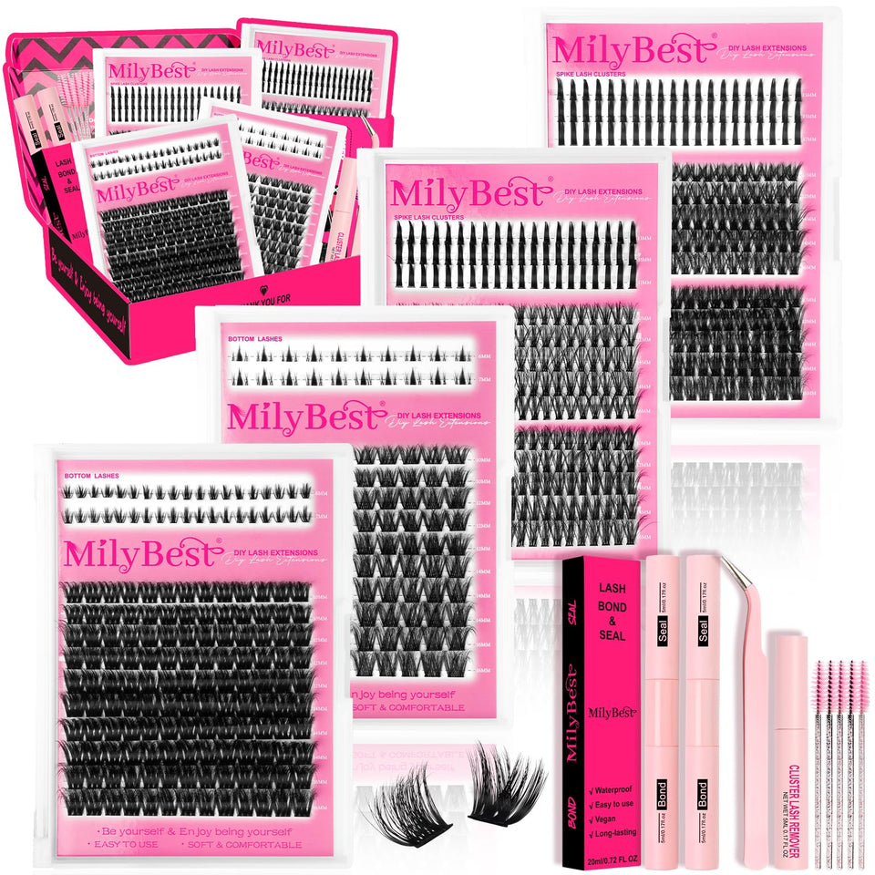 MilyBest front packaging showing full lash clusters kit and included items for convenience