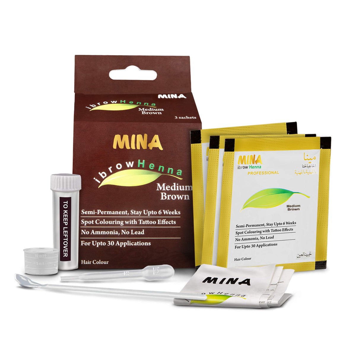 MinaiBrow front packaging showing medium brown tint and benefits