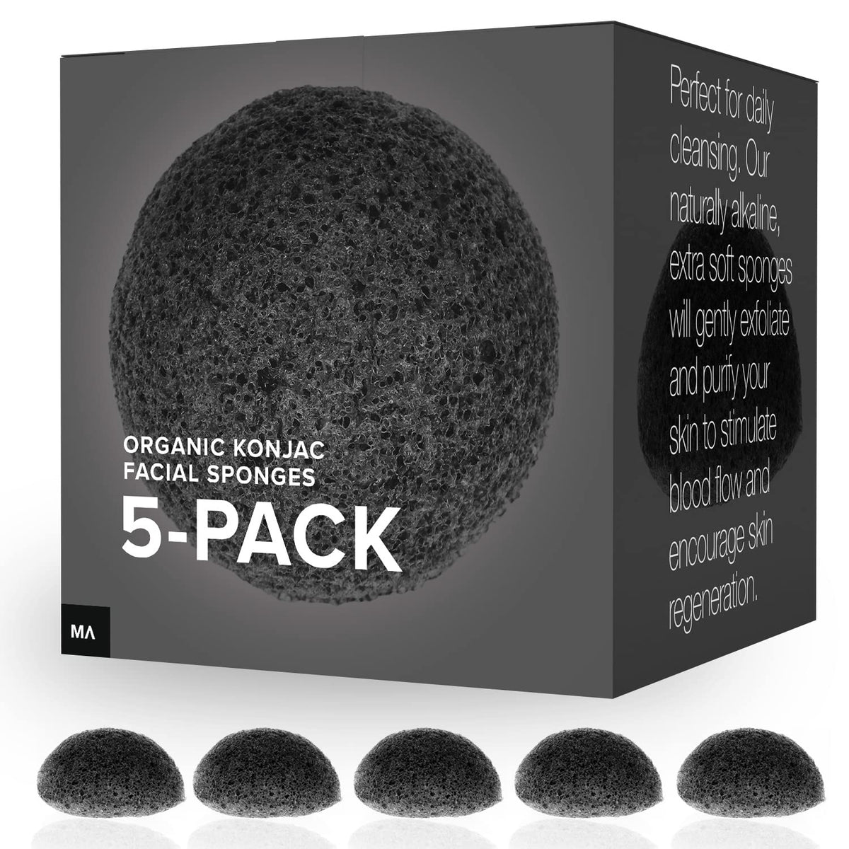 MINAMUL front packaging showing five black konjac sponges, delivers gentle daily cleansing