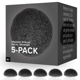 MINAMUL front packaging showing five black konjac sponges, delivers gentle daily cleansing