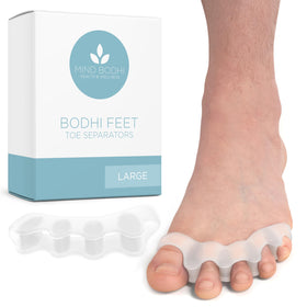 MIND BODHI clear toe separators front view showing product and benefits