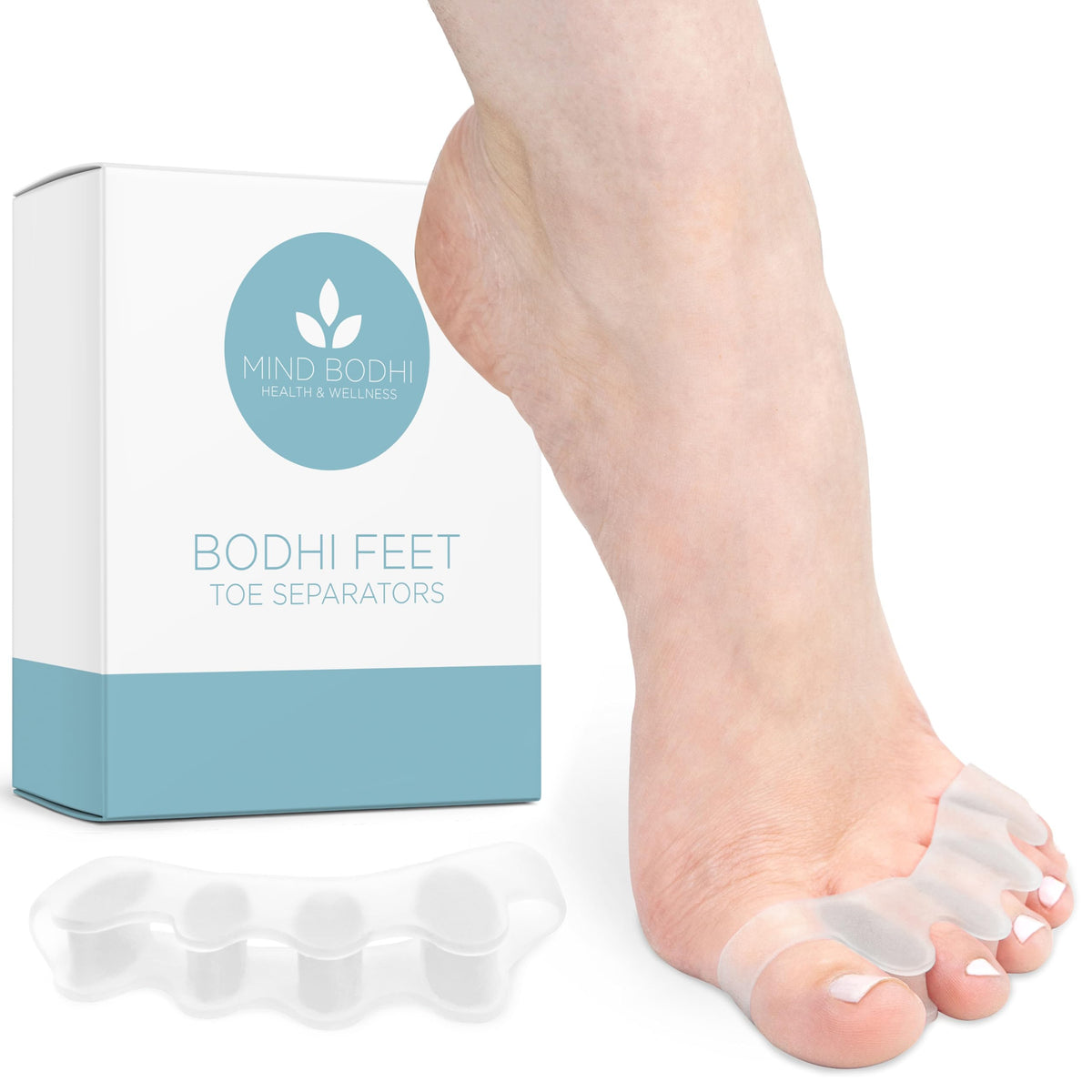 Mind Bodhi front packaging showing clear toe spacers and product benefits