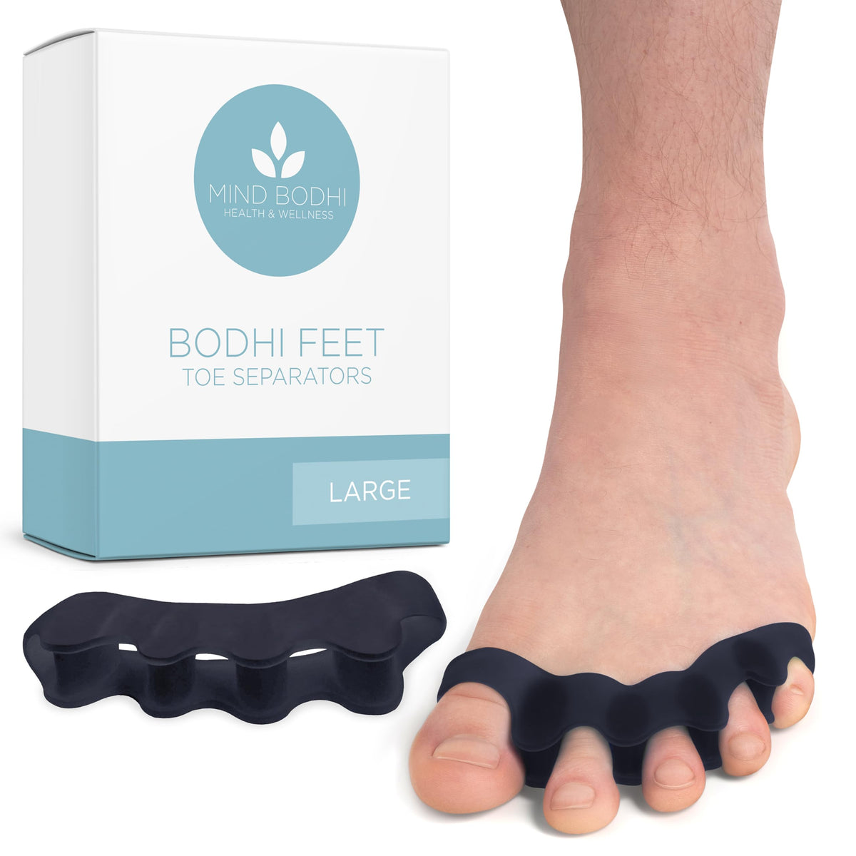 Mind Bodhi front packaging showing large black toe separators and clear benefits