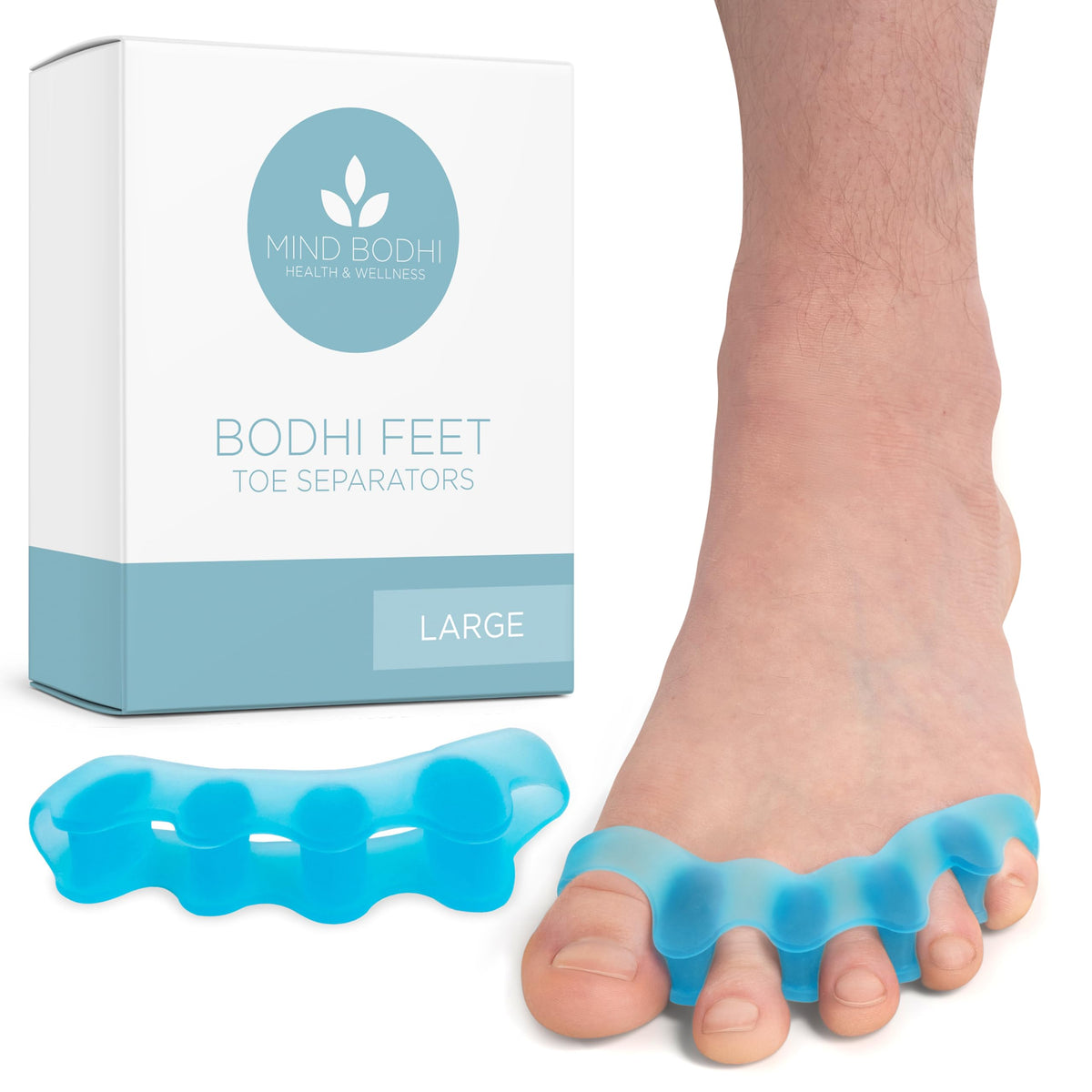 Mind Bodhi front packaging showing large blue toe separators and benefit of safe fit