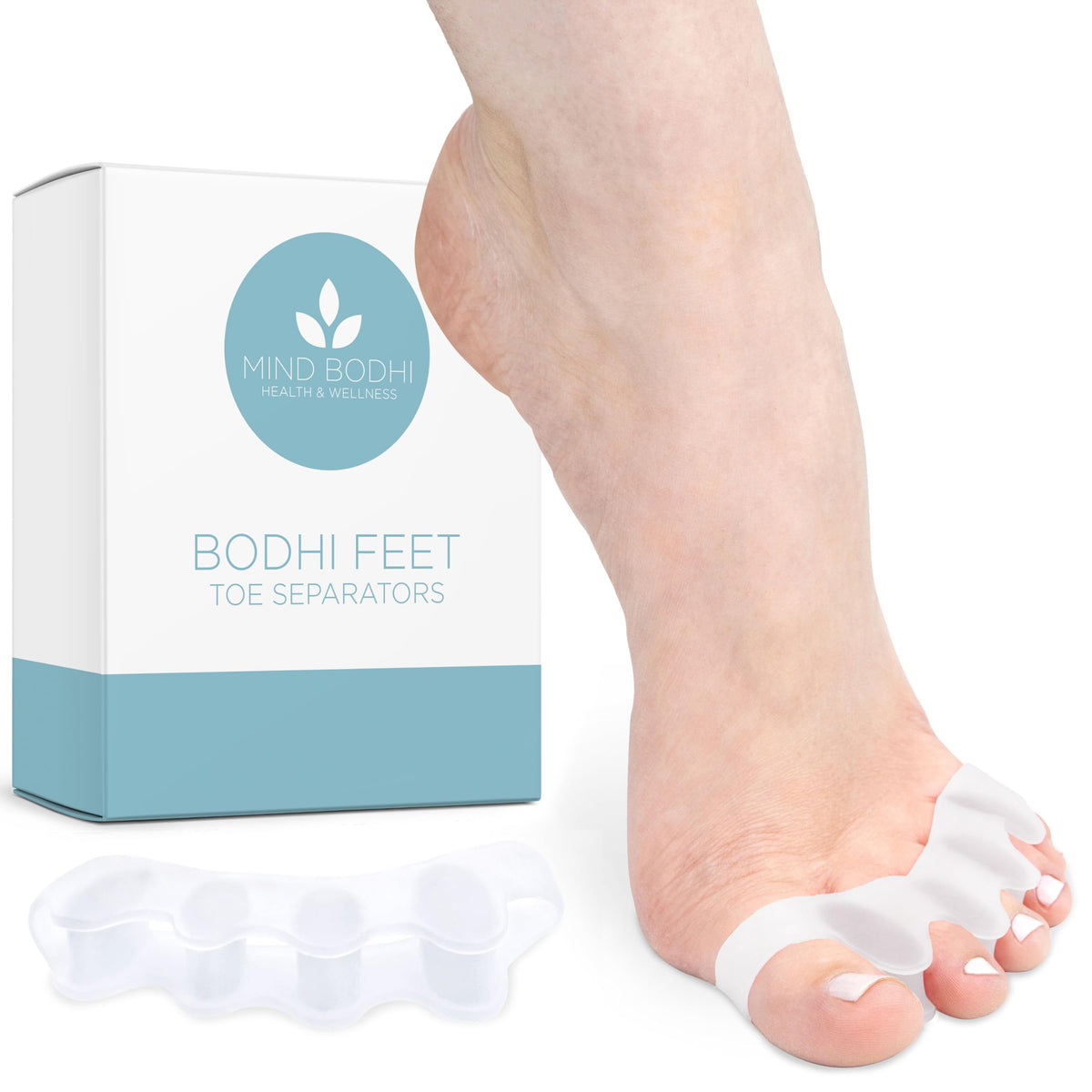 Mind Bodhi Health & Wellness front packaging showing toe separators and benefits