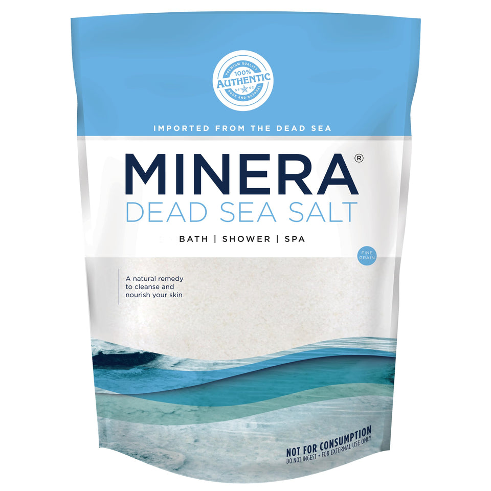 Minera front packaging showing 2 lb bag and pure Dead Sea salt benefit