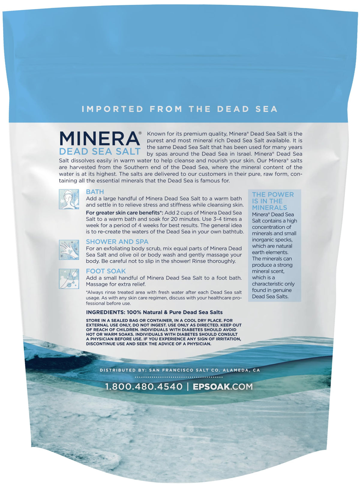 Close view of Minera product label highlighting pure Dead Sea mineral ingredients
