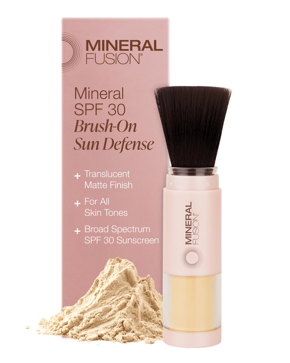 Mineral Fusion compact front view showing travel-ready sunscreen brush