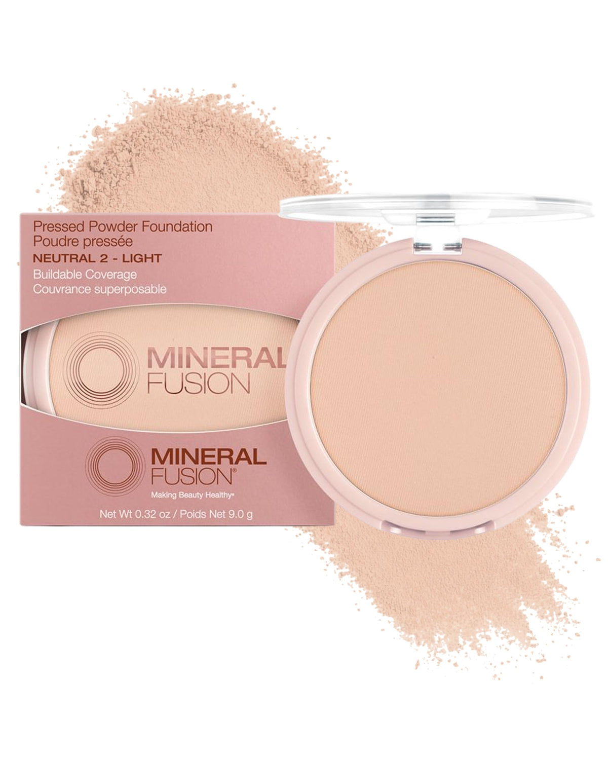 Mineral Fusion compact front view showing neutral 2 shade and matte finish benefit