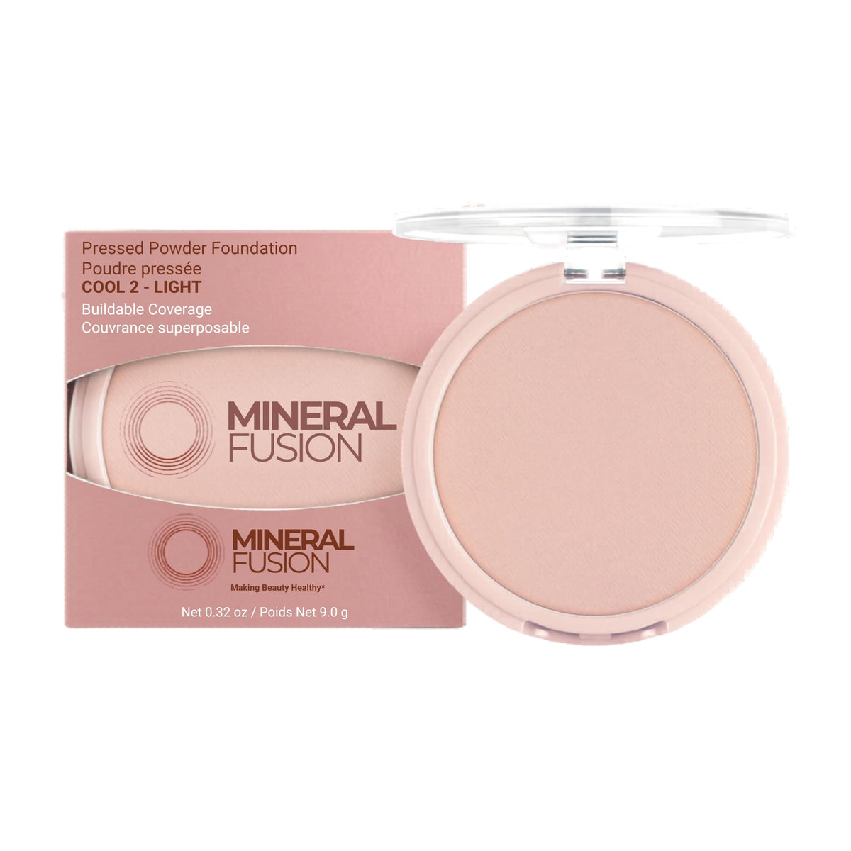 Mineral Fusion compact front view showing matte case and brand logo for easy storage