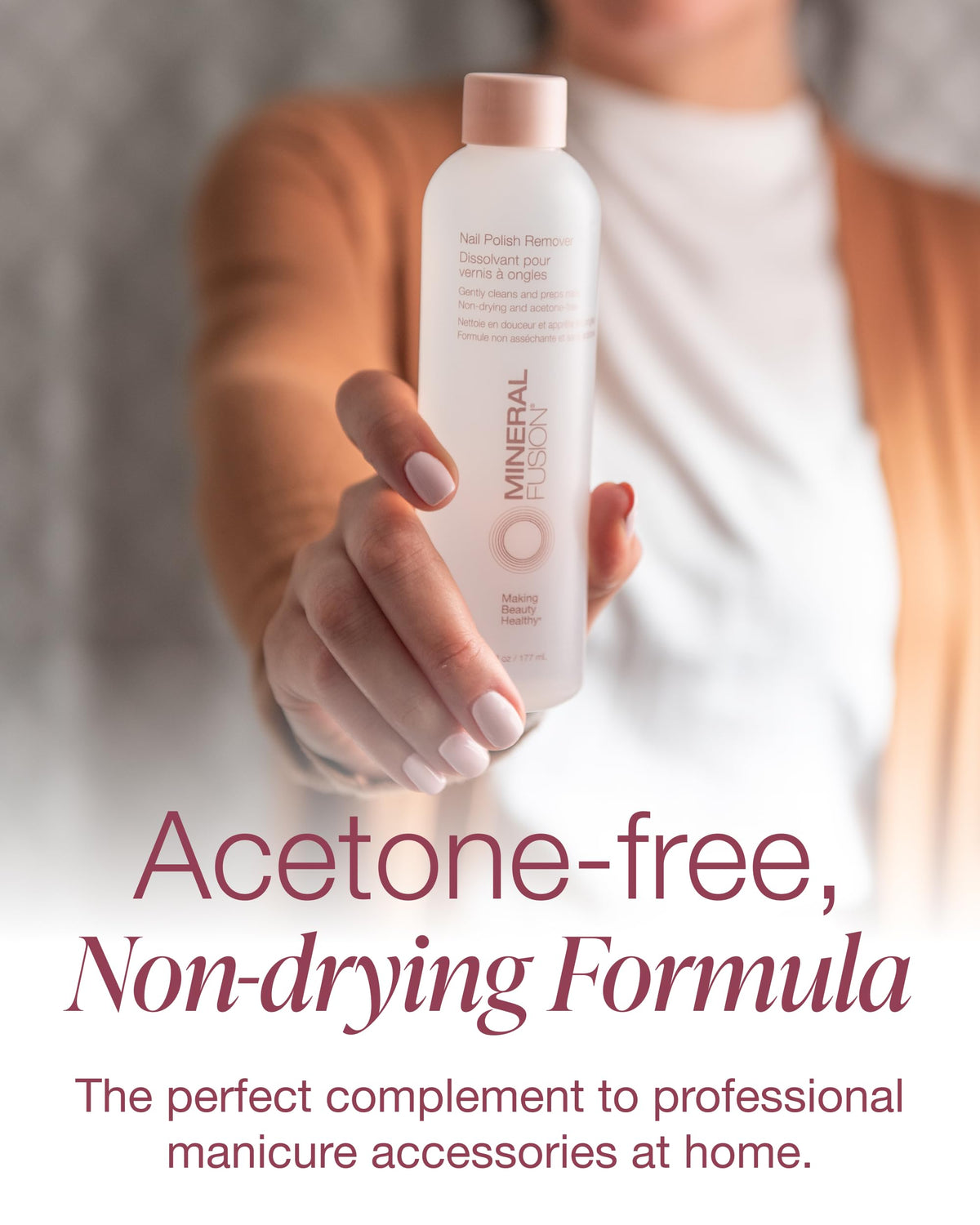 Mineral Fusion remover applied to cotton pad demonstrating easy polish removal benefit