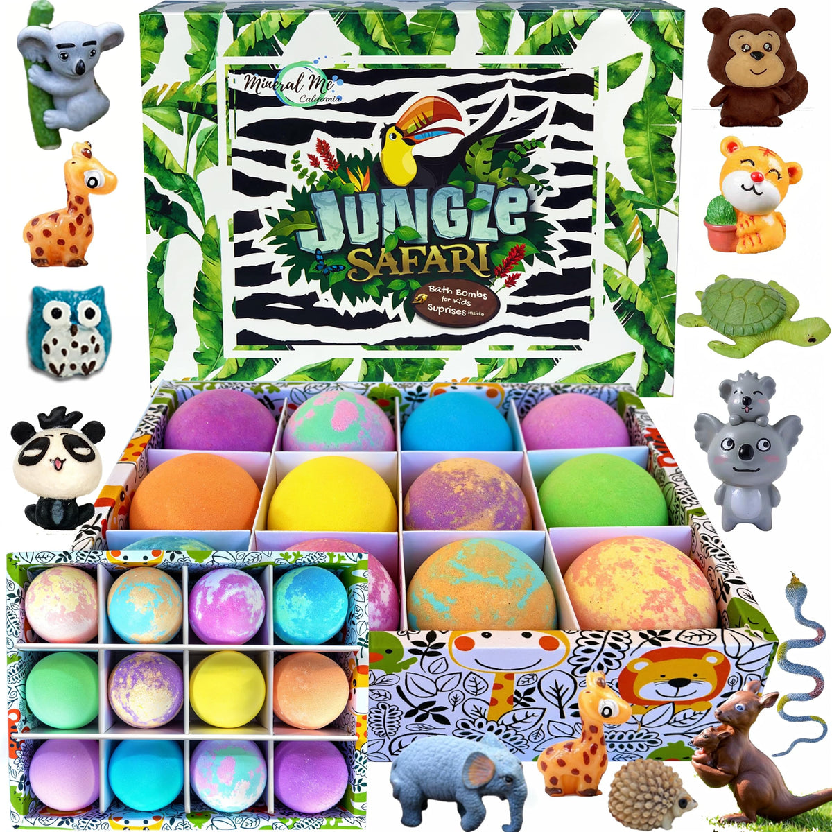 Mineral Me California front packaging showing colorful bath bomb set and toys for playful baths