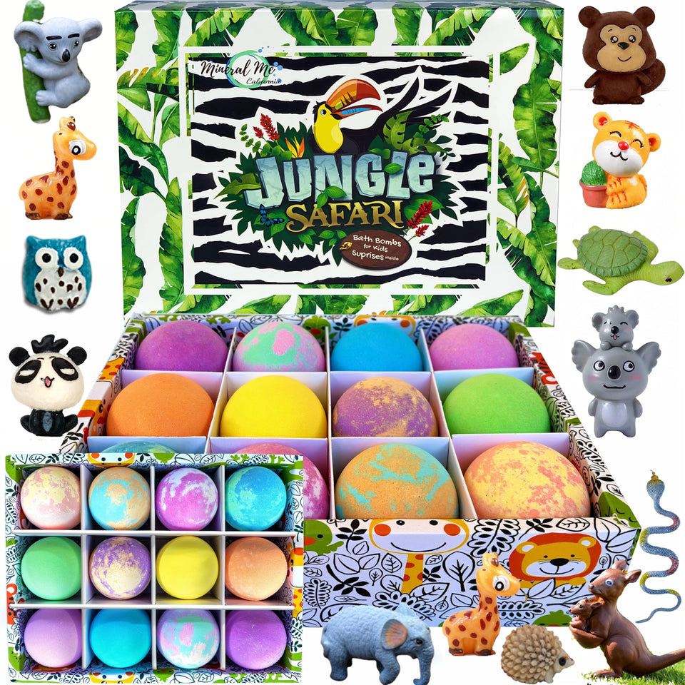 Mineral Me California front packaging showing colorful bath bomb set and toys for playful baths