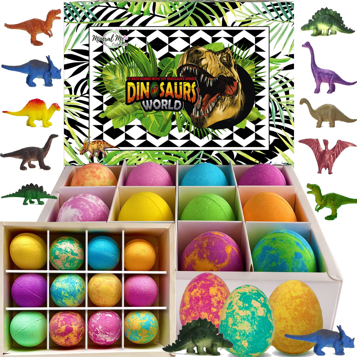Mineral Me California front packaging showing 12 colorful dino egg bath bombs and gift-ready box